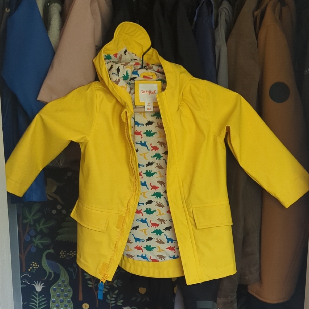 Cat & Jack Bright Yellow Kids Raincoat with Dinosaur Lining
